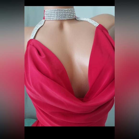 Elegant Red Rhinestone Halter Dress - Picture 2 of 3